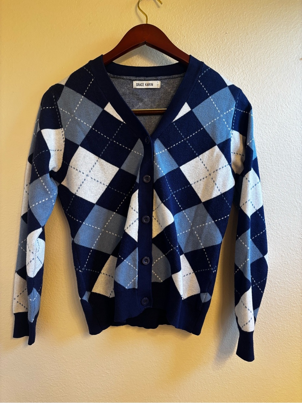 Grace Karin Blue Argyle V-Neck Button Cardigan Sweater Size Large